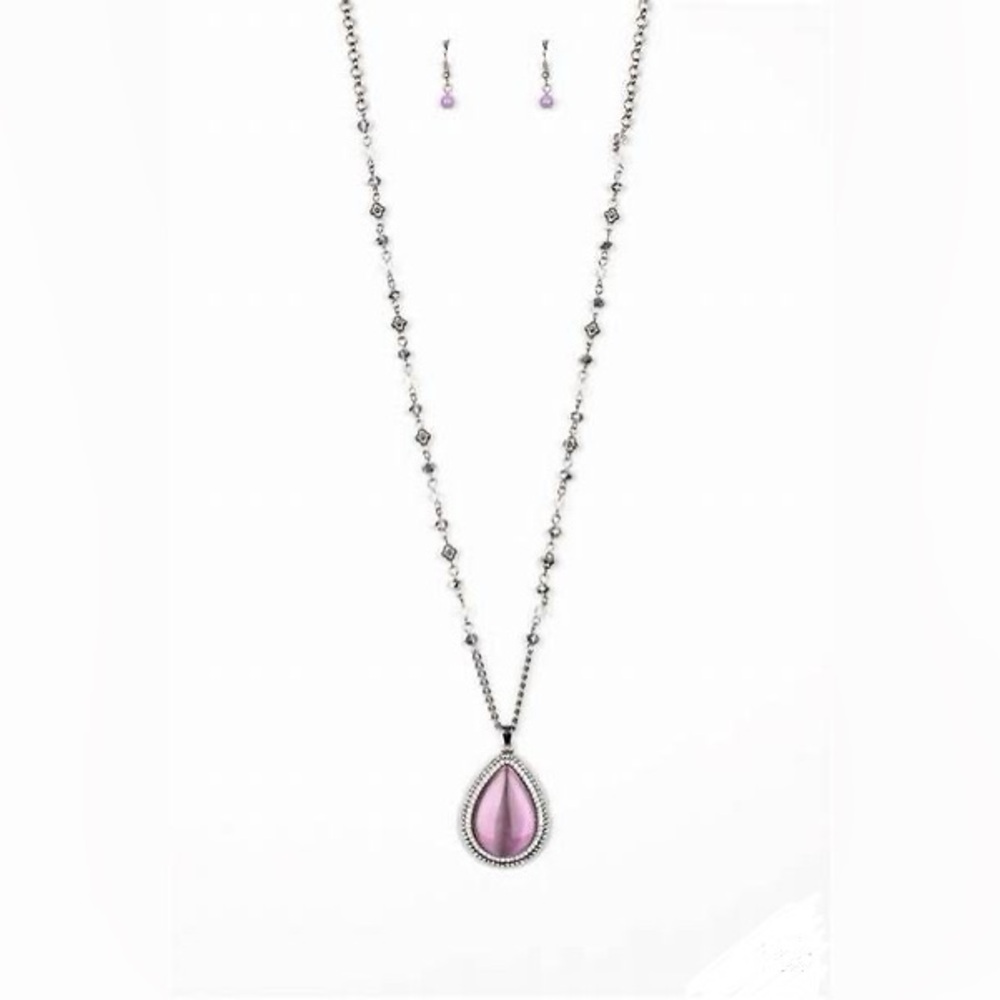 *Long silver and white rhinestones and purple moonstone teardrop necklace.